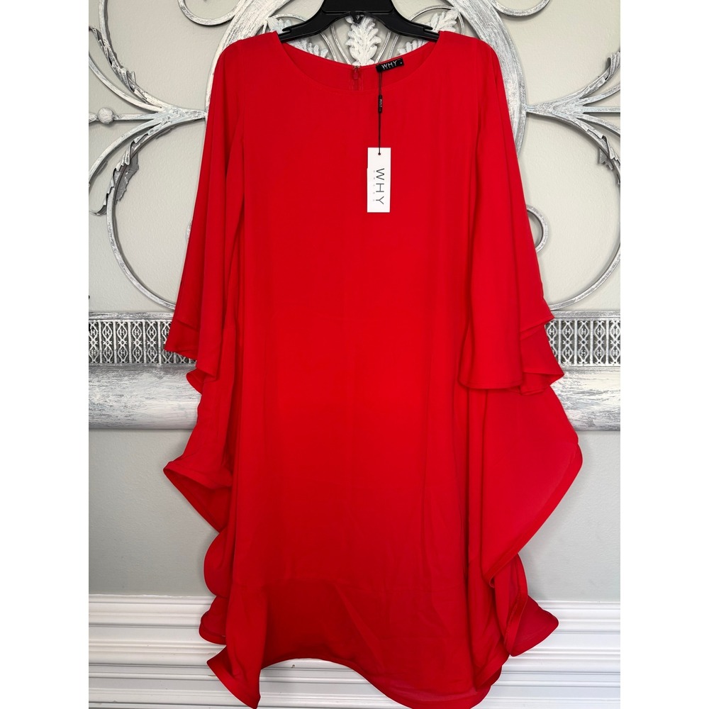 NWT Why Dress Red Tiered Bell Sleeve Ruffle Shift Tunic Womens‎ Size Medium
